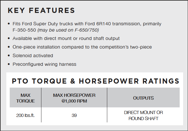An image of a chart and bullet points highlighting the key features of the FR6Q Series power take-off.